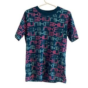 The Nike Tee Girls Small Short sleeve all over print Blue and Pink Athletic